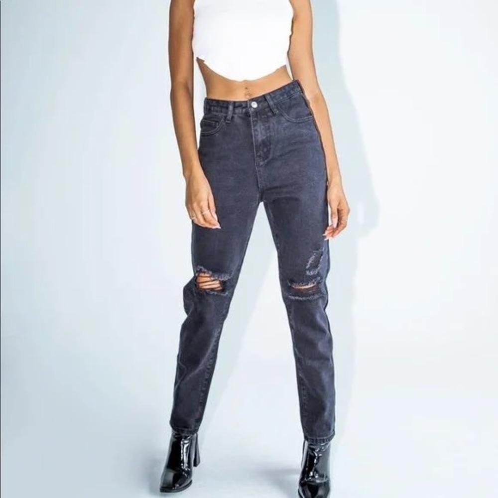 Princess Polly Black Claremont Mom Denim Jeans Size US 6 Distressed Grunge NWT